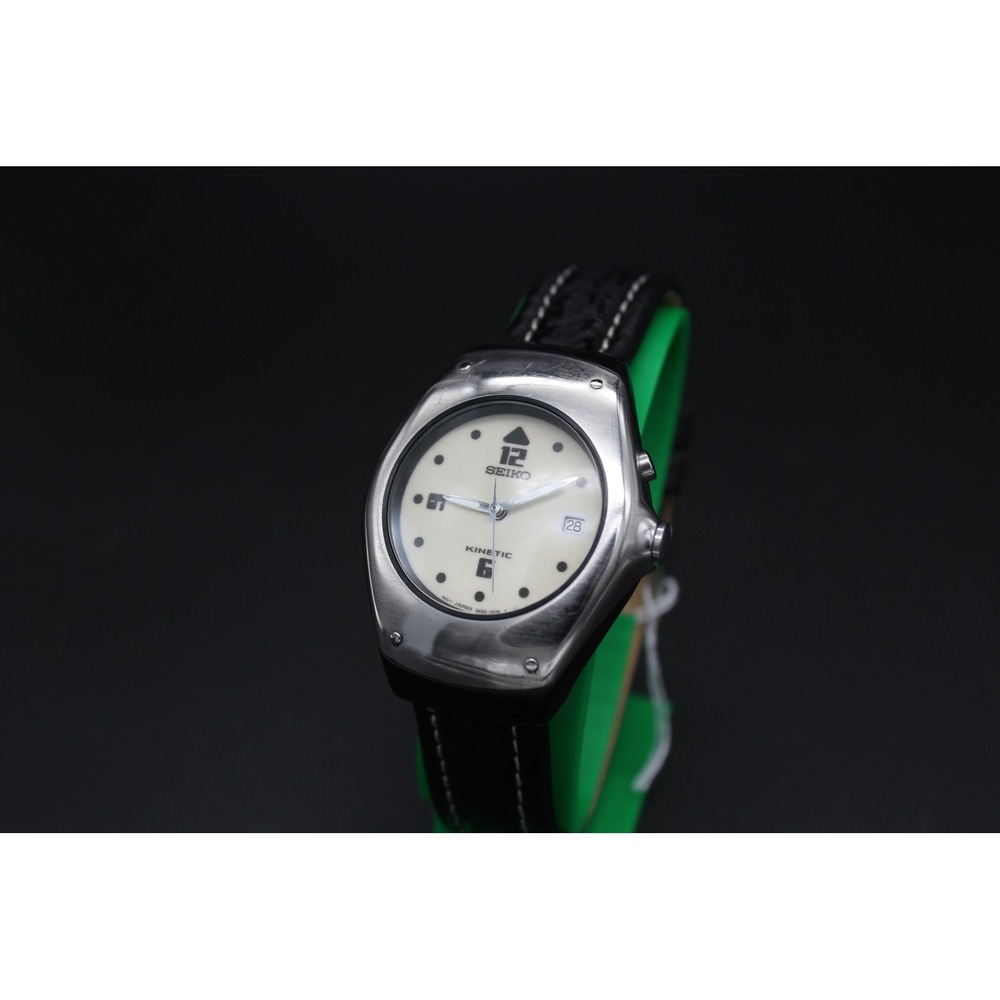 Seiko Men's Silver Case Cream Dial Watch with Black Strap